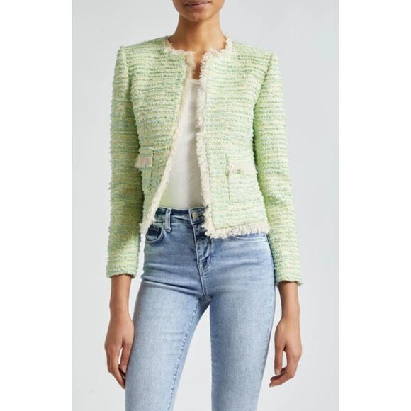 L'Agence Women's Light Green Angelina Fray Multi Tweed Jacket Blazer Size 00